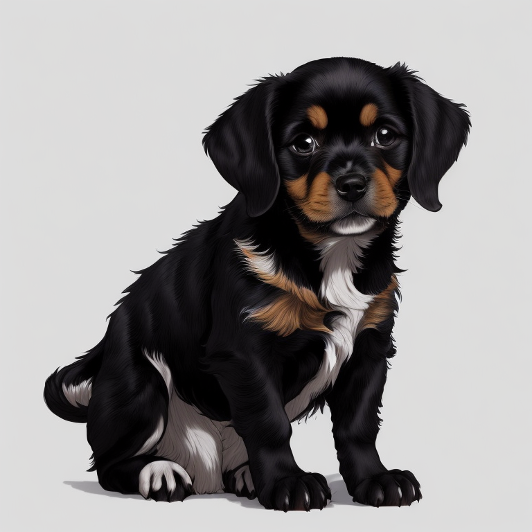 2d vector character, cute puppy sitting on the white floor, flat vector graphics, white background, black lines, high quality details, perfect line art, strong outline, vector sticker, isolated clipart