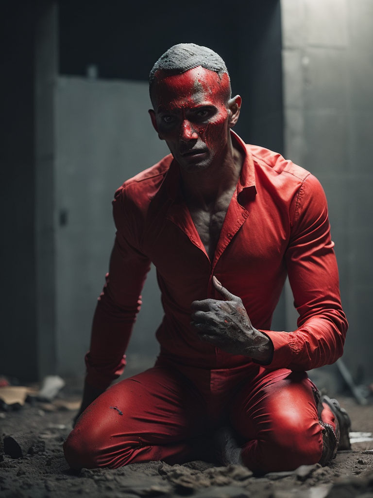 Red plastic statue of a man melting into the concrete concrete room dark and moody