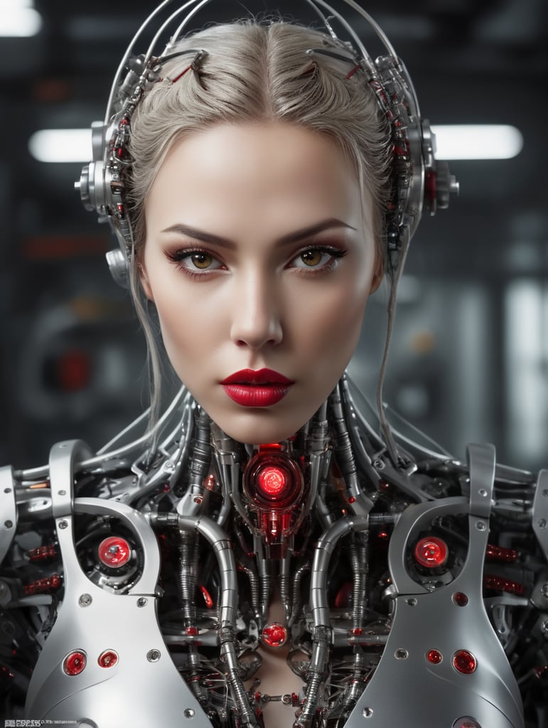 A photo of a slender female cyborg scientist with red lips, engrossed in her laboratory, ready to push the boundaries of knowledge, with a blend of wide hips and a skinny frame, while flirting with the camera. (robot:1.3), blurry, reflective metal, from above, short hair, science laboratory, computers, test tubes, from above