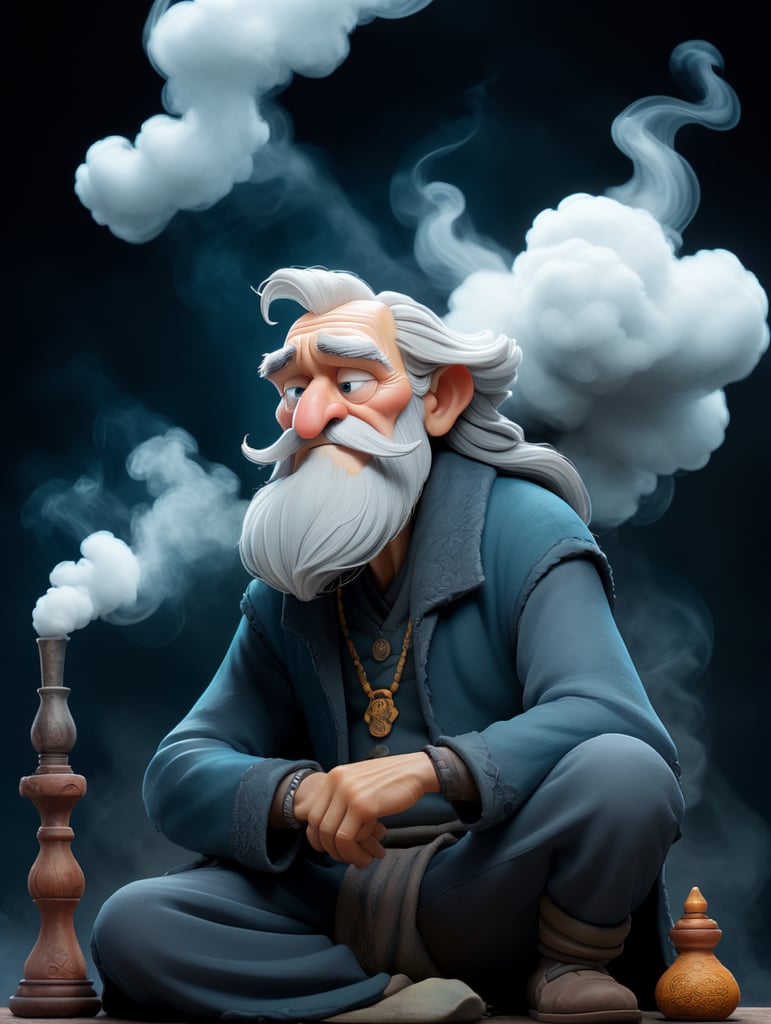 old wizard with a long beard sitting cross-legged, smoking a hookah with a huge cloud of smoke above him