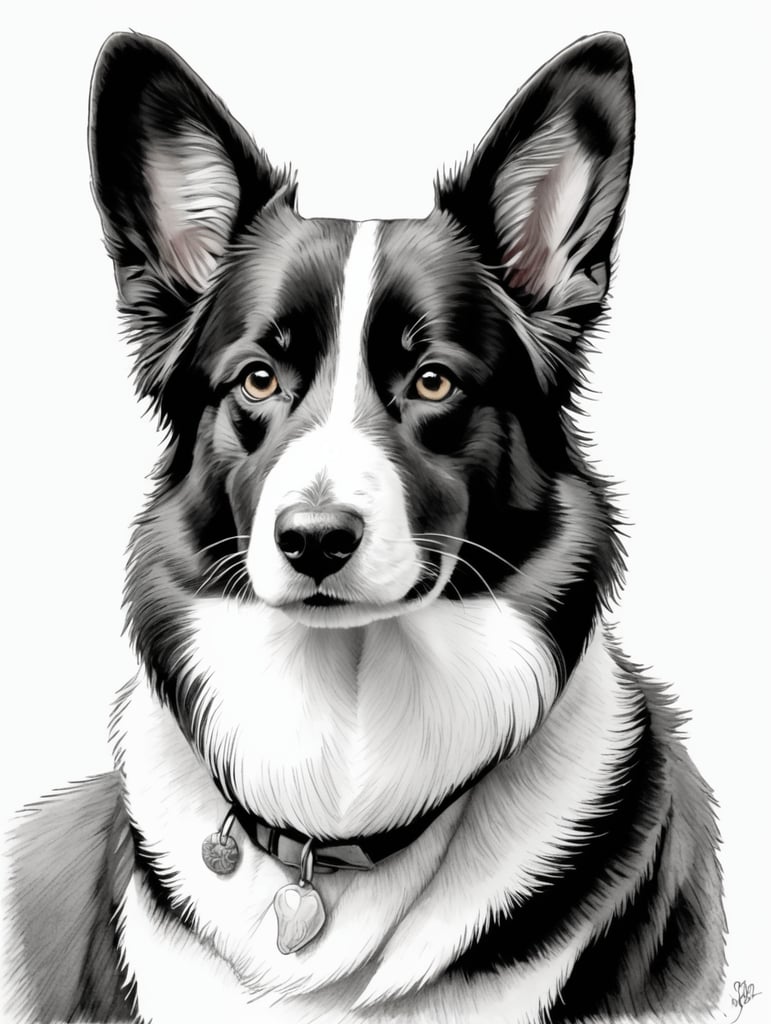 Black and white pen sketch of a cardigan corgi