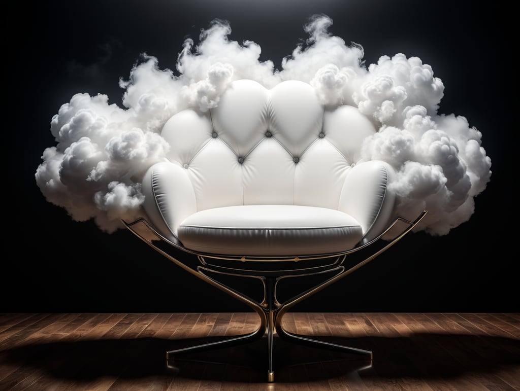 a beautiful modern chair on form of white cloud, studio shot, black background, studio light, hyper realistic, hyper detailed