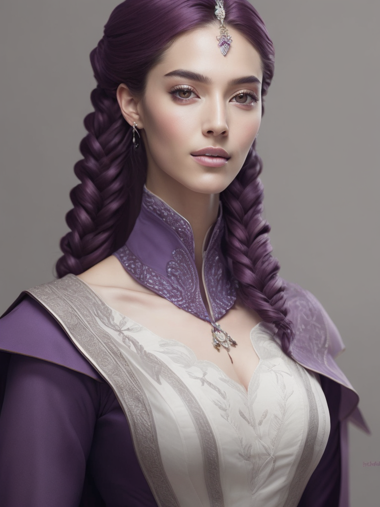 Portrait of a young queen with long wine color braided hair, royal guard purple outfit, elegant, highly detailed, digital painting, artstation, concept art, smooth, illustration, oval face, art by helena nikulina