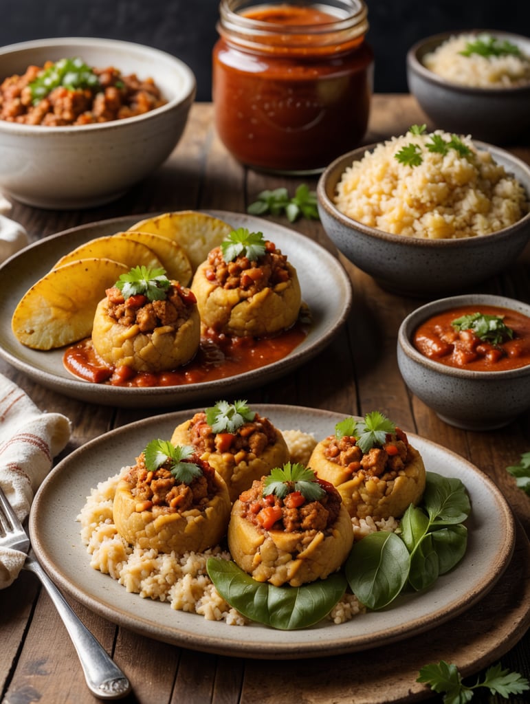 3 small stuffed mashed plantain with (((Ground chicken with sauce))), the recipe is made in a country house, with a view of the mountains of puerto rico, the 3 small stuffed mashed plantain include ground chicken, diced tomatoes, lettuce cut into strips, on a wooden plate, the table that is made of dark wood, the table is served, in the background you can see people, small jars with red sauces, sharing, taken with a close up lens, 50mm, nikon 35mm (((Ground chicken with sauce))) 3 small stuffed mashed plantain