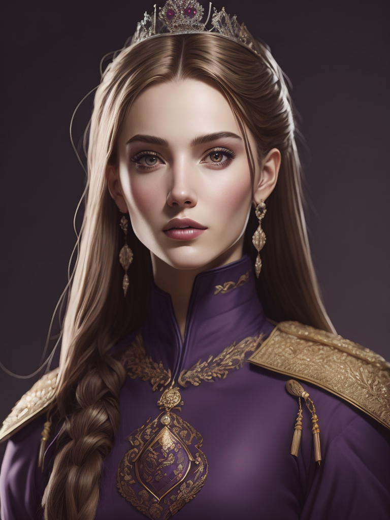 Portrait of a young queen with long wine color braided hair, royal guard purple outfit, elegant, highly detailed, digital painting, artstation, concept art, smooth, illustration, oval face, art by helena nikulina