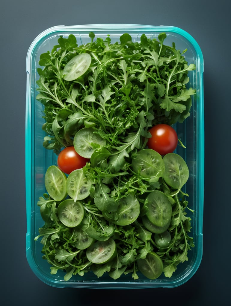 blank Transparent Plastic Container with Arugula Salad, isolated, cyan background, Mockup, mock up
