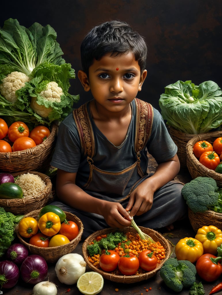indian kid with vegetables