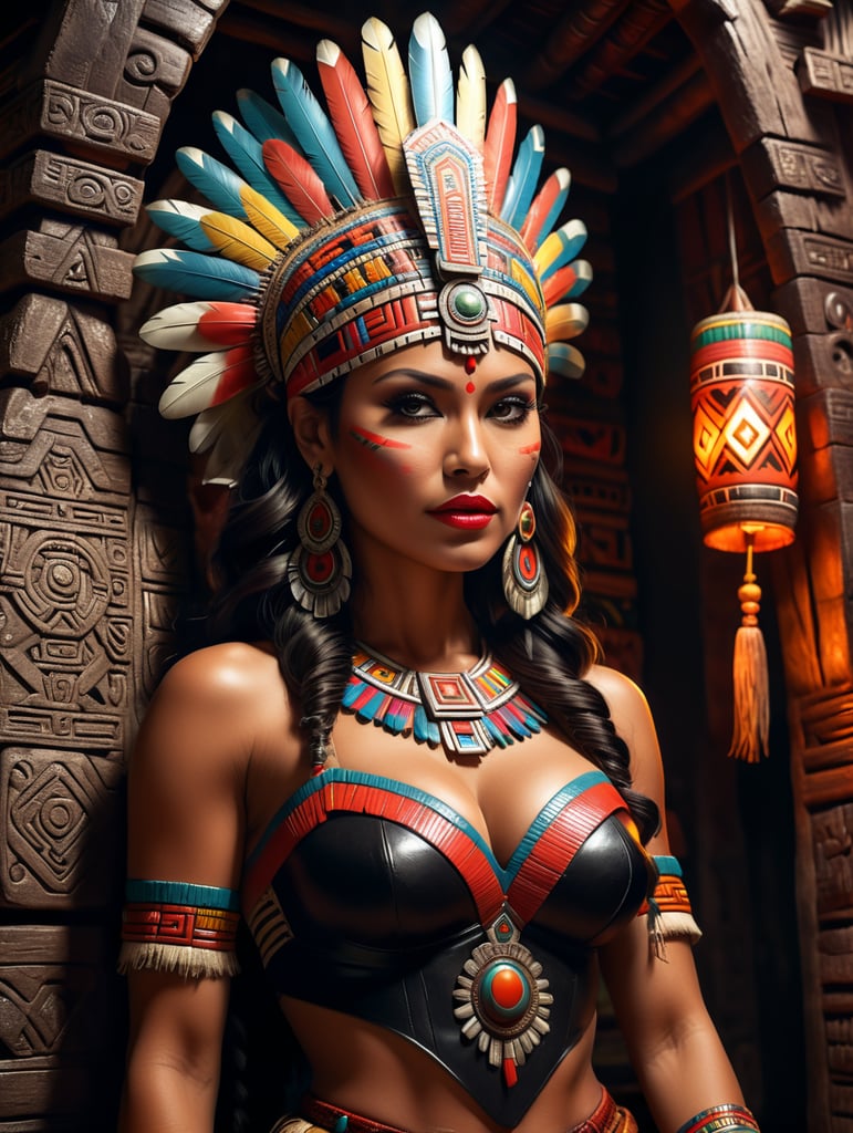 aztec woman pinup type in aztec hut