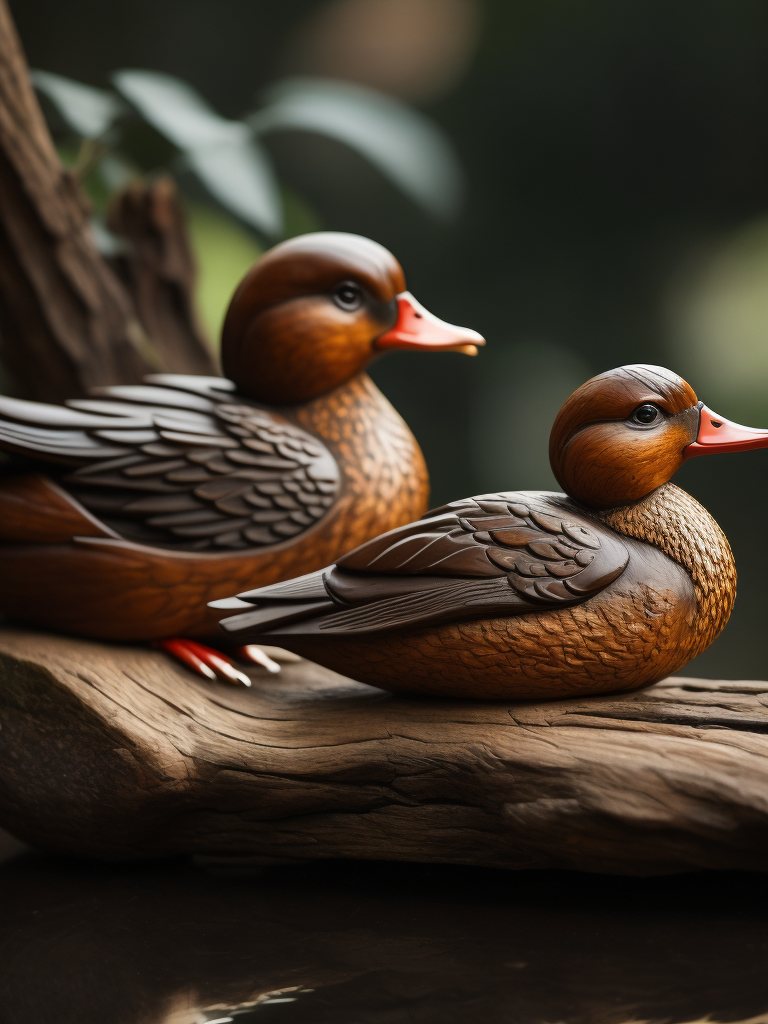 a deep carved wooden duck, sharp on details