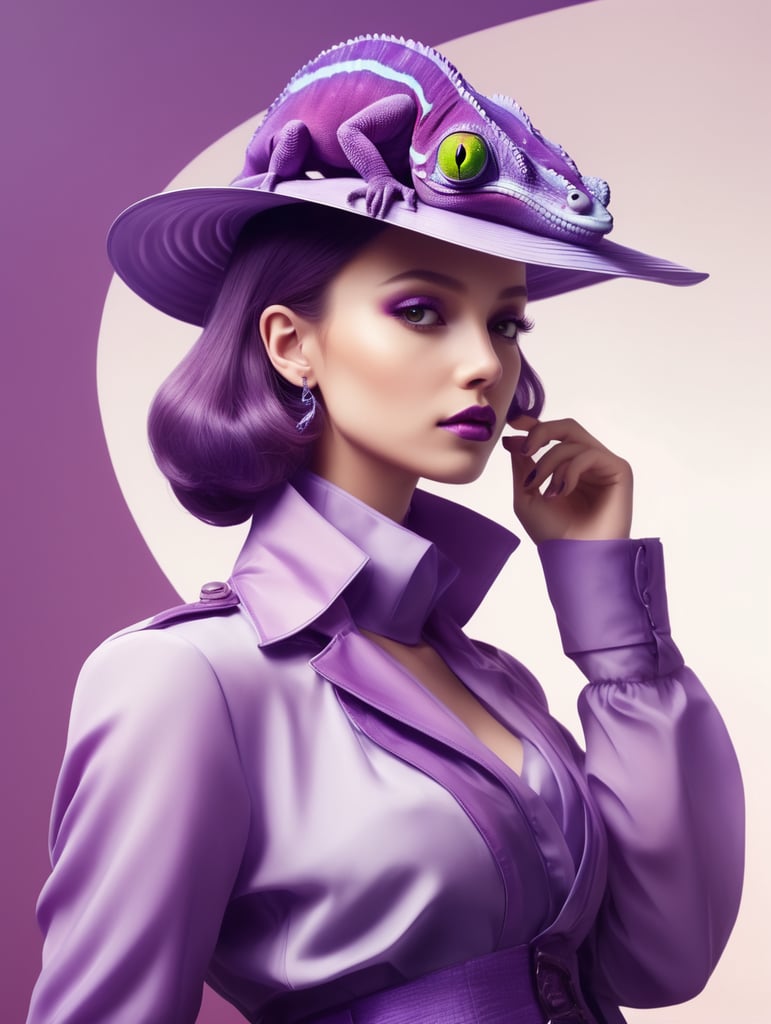 Purple chameleon in the style of clear neo-pop illustrations in stylish clothes, mysterious characters, bright close-up