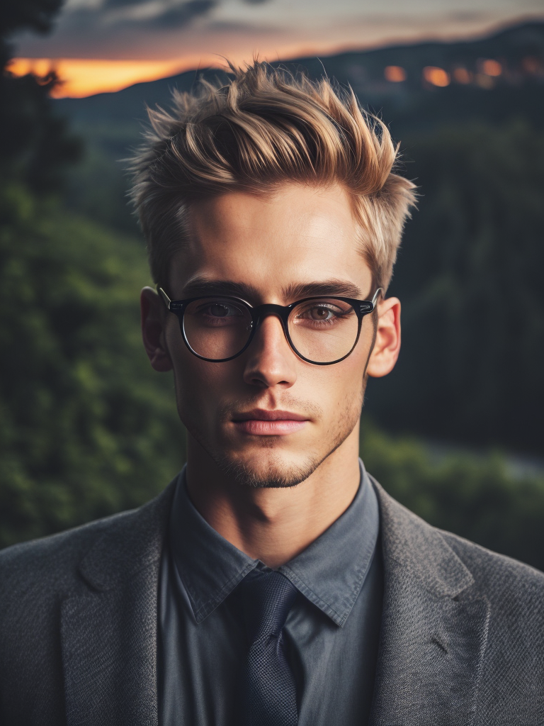 Blond man with glasses looking towards the sunset with a nature background, oval face