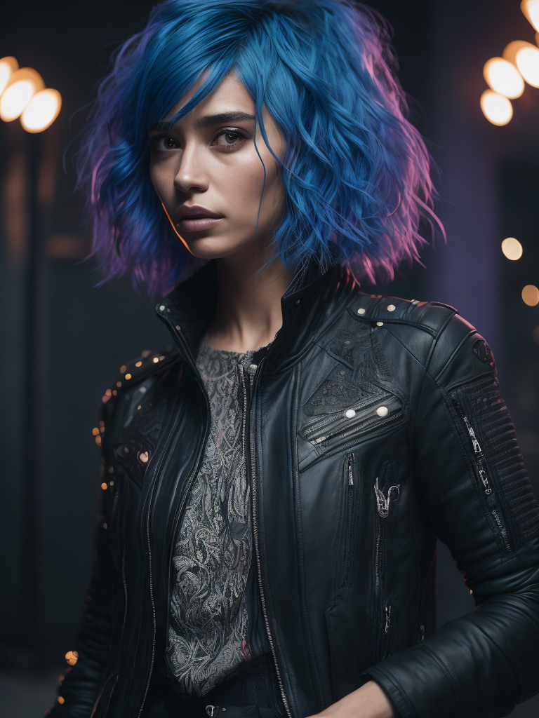 official art, unity 8k wallpaper, ultra detailed, beautiful and aesthetic, masterpiece, best quality, (zentangle, mandala, tangle, entangle), 1girl, extremely detailed, dynamic angle, elegant, atmospheric, ecstasy of life, mechanical arm, neon lights, (black leather pants), (black leather jacket:1. 3), midriff, l, (short messy blue hair:1. 6),