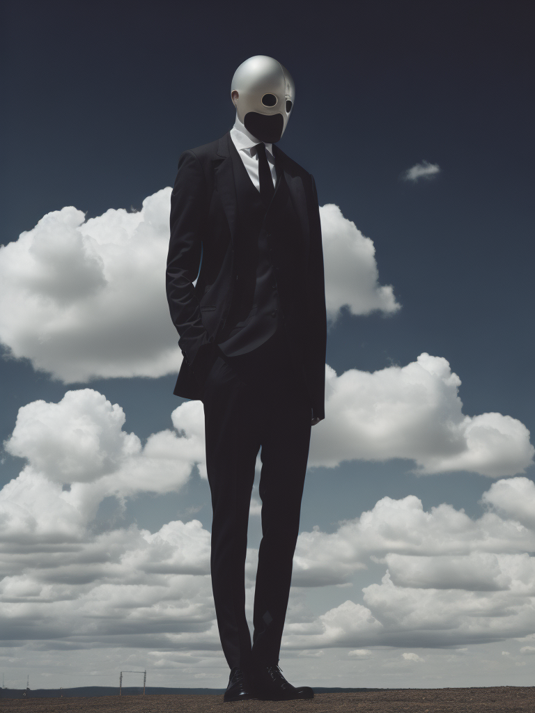 Portrait of a faceless reflective chrome - head man in a suit and black gloves, clouds and nature landscape in the background, by rene magritte, detailed painting, distance, centered, hd, high resolution, high detail,