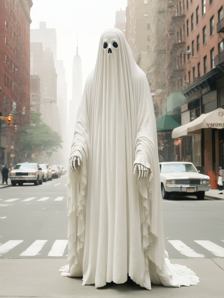 Very creepy realistic ghost standing in the street, new york city, portra 400, vintage photo