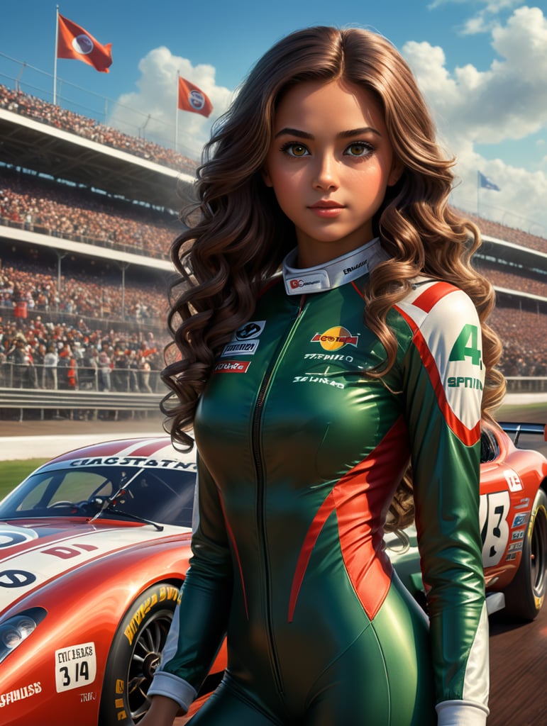 A beautiful girl in the style of Pixar, with 3D animated characters. The title is \'Sofia\' and shows a girl with long curly dark brown hair, brown eyes, dark Green White and Red Racing Suit, 1 Car Background, Speedway, F1, poster