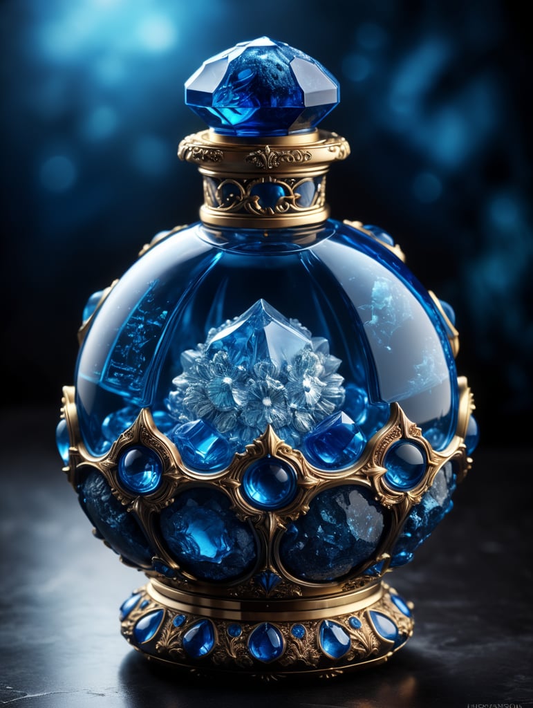 in the image blue perfume bottle in the shape of an asteroid