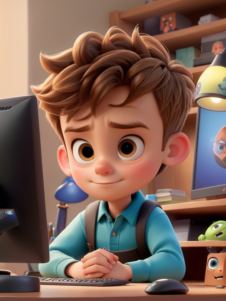 boy disney pixar style, light brown hair, in desk with computer