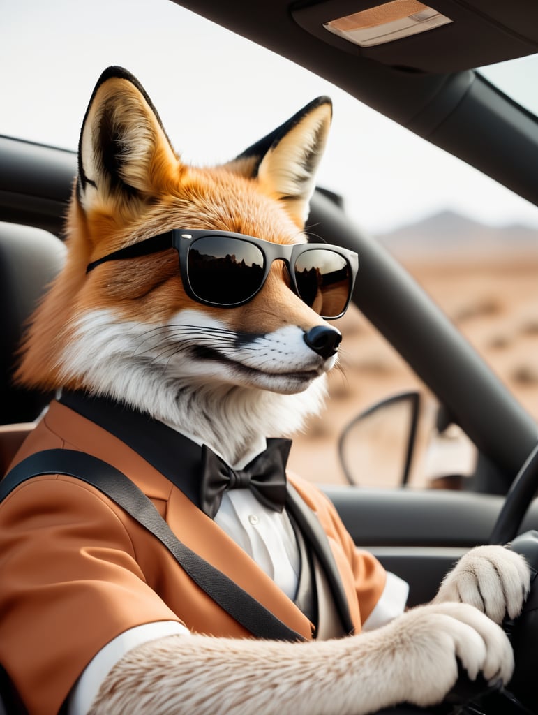 "A fox wearing sunglasses driving a GM vehicle."