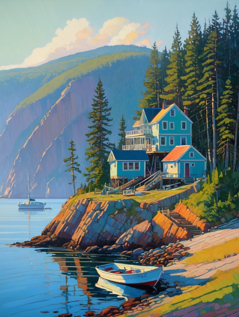 Ocean, seashore, some gaspé cliffs, labrador landscape, rpg style, erin hanson, trees, boat, quay, wharf, morning light with long shadows and mist, some fog, house, painting, hill, spruce tree, some sand