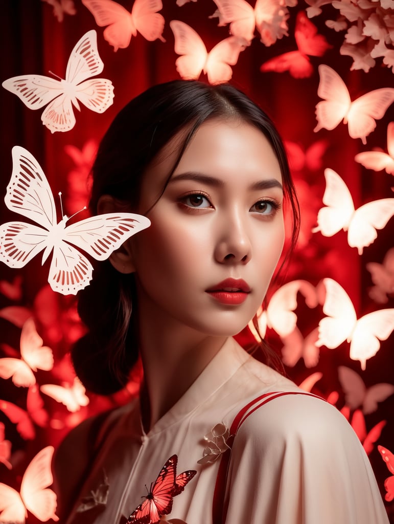 Paper cut scene, paper cut girl in the foreground, red lighting behind her, mystical atmosphere, paper cut butterflies flying around