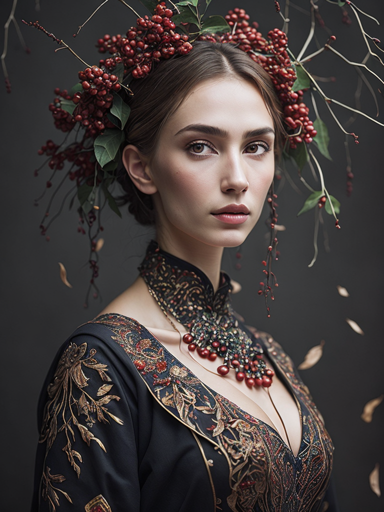 Portrait of a Beautiful women from Russian fairytale wearing traditional costume around bunches of rowan