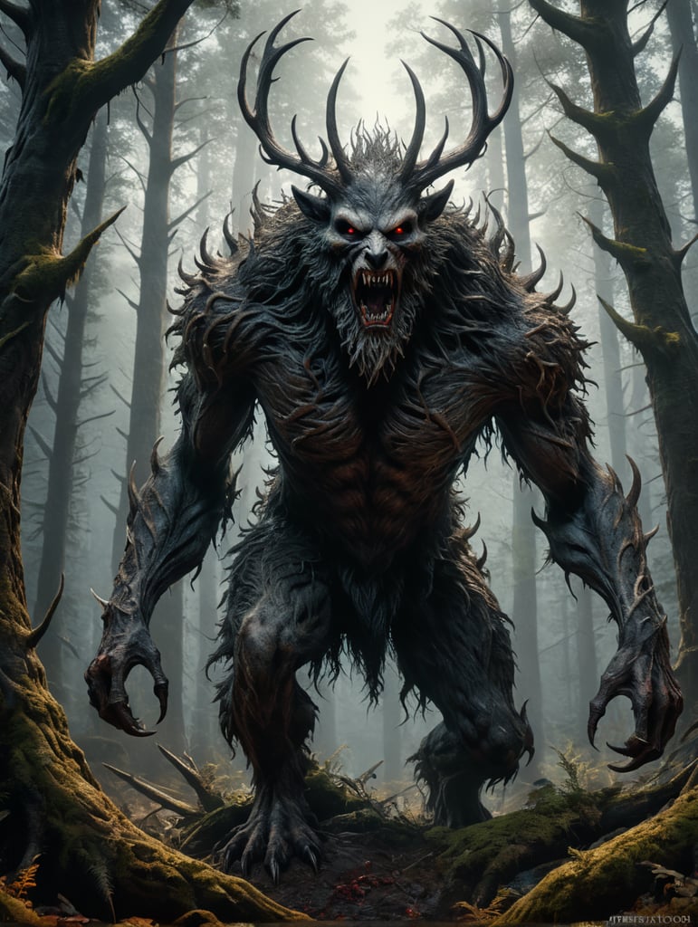 Horror movie creature, wendigo, dark forest background