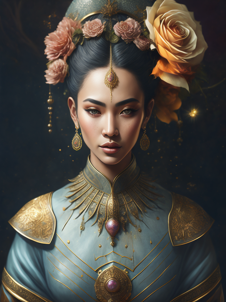 Ethereal portrait of Buddah female in pastels and gold with pink flowers and butterflies, high definition, photography, cinematic, detailed character portrait, detailed and intricate environment, breeze, dream