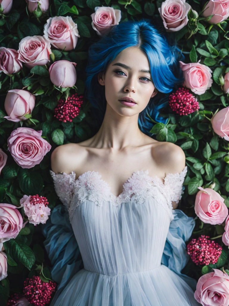 Desktop HD wallpaper: Flower, Rose, Dress, Model, Women, Blue Eyes, Blue Hair, Long Hair, Lying Down free download background picture,Human laying in flowers, top view, cinematic, dark light, beautiful colors, detailled, 4k