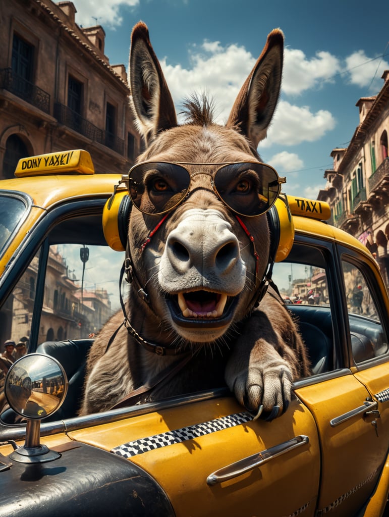 Donkey taxi driver, donkey sitting behind the wheel of a taxi, close-up shot, sunglasses