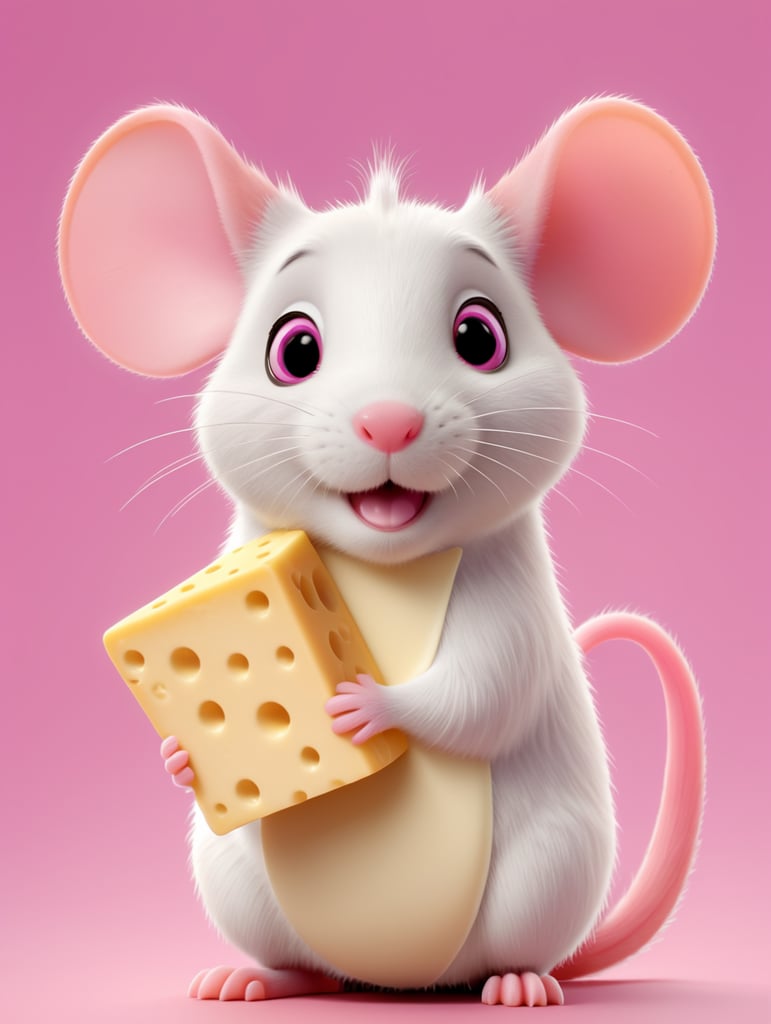 cute pink rat holding a cheese