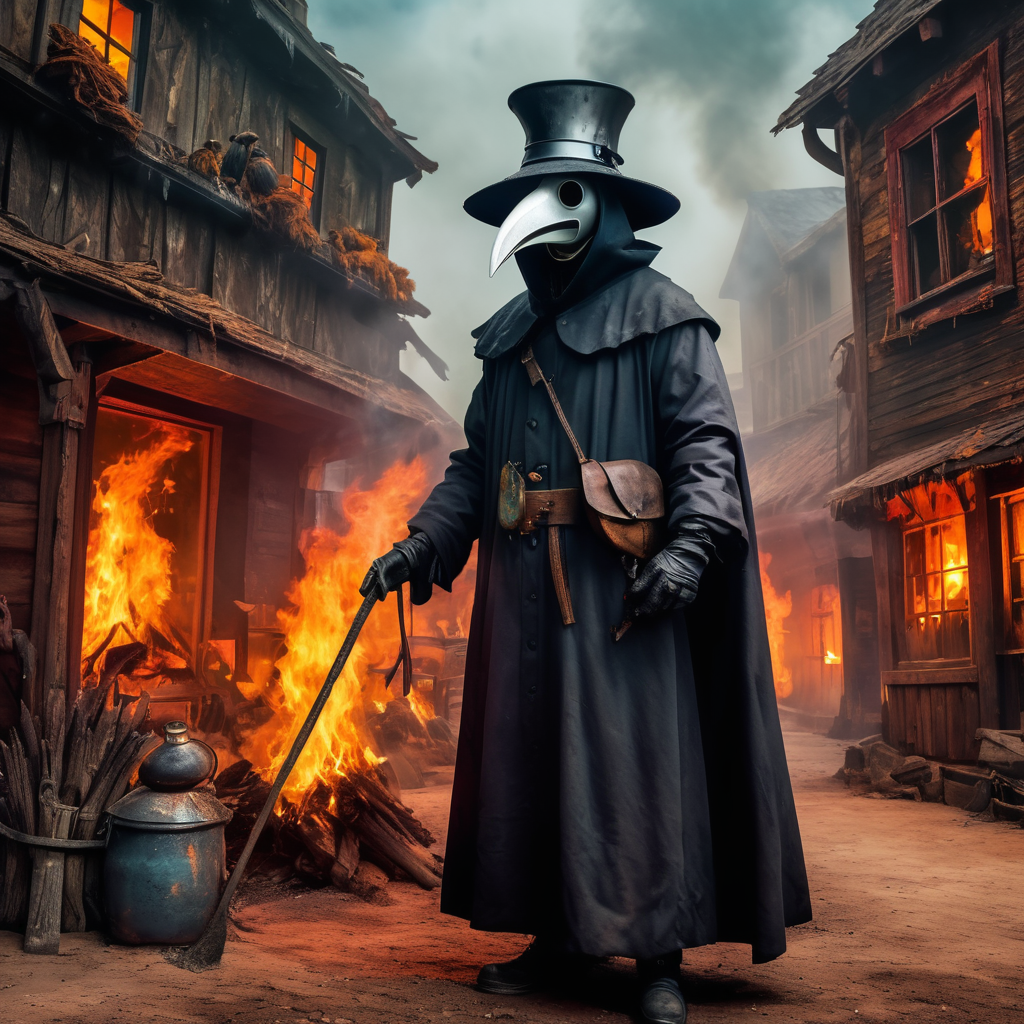 plague doctor, eater of worlds, demon, creepy, fire elements, ghost town, 19th Century vivid saturated colors, highly detailed, contrast colors