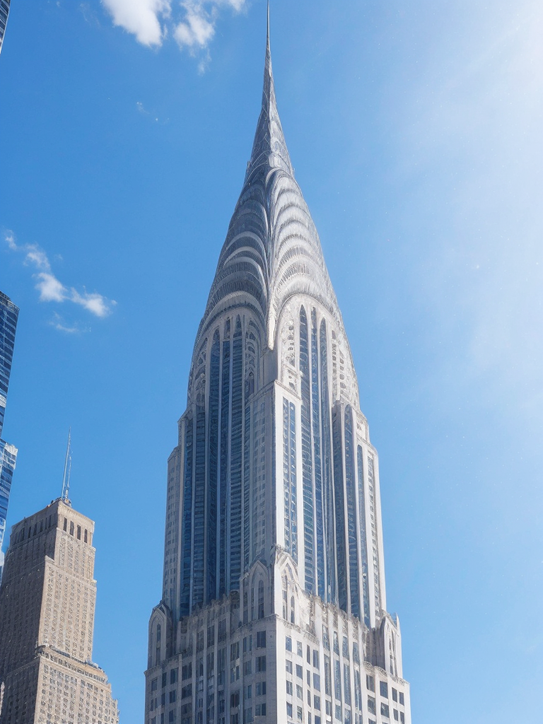 Chrysler Building, New York in the background, Blue sky, Vibrant colors, Deep colors, Contrast lighting, Sunny day, High detail, Sharp details