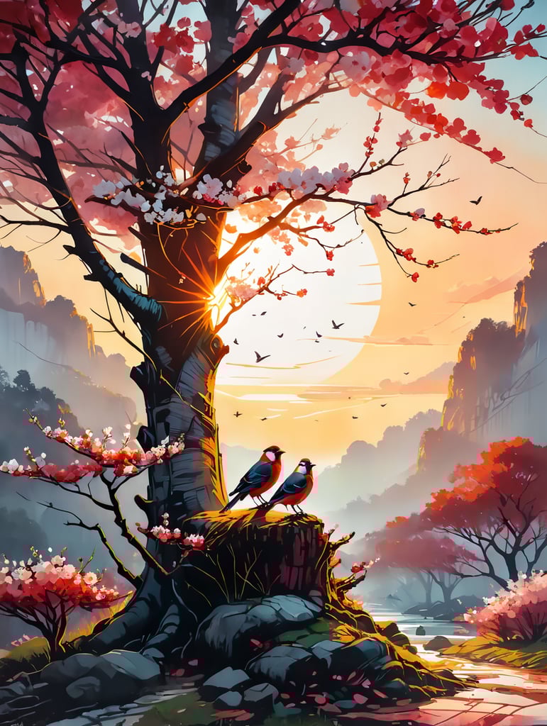 Apple tree covered in red and white blossom in springtime with early morning sun. Two small birds sitting on the branches.