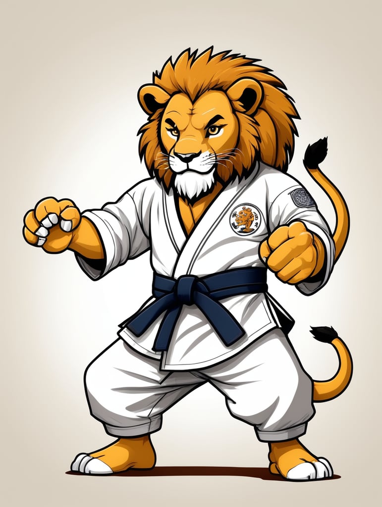 write a cartoon two tail lion in judo gi