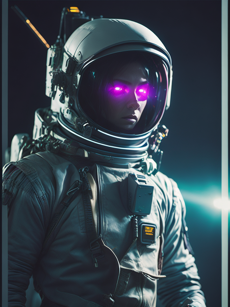 astronauta perdido en el espacio, con un halo de luz magenta que le traspasa el visor del casco, la imagen es de cuerpo completo retro futurista