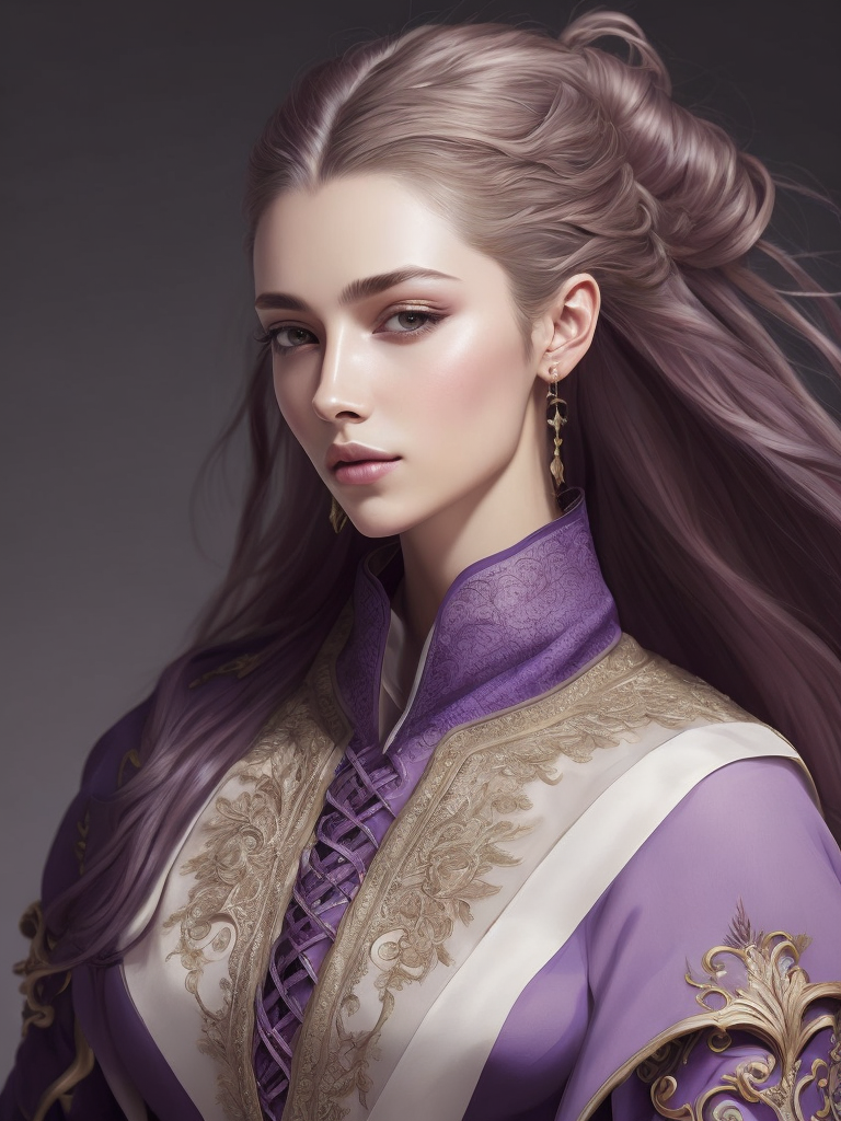 Portrait of a young queen with long wine color braided hair, royal guard purple outfit, elegant, highly detailed, digital painting, artstation, concept art, smooth, illustration, oval face, art by helena nikulina