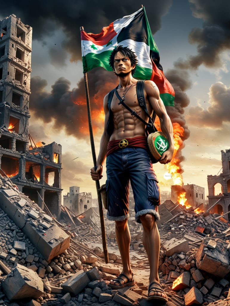 one piece luffycarrying Palestine flag In Gaza territory, as well as the ruins of rubble from the destruction of the city