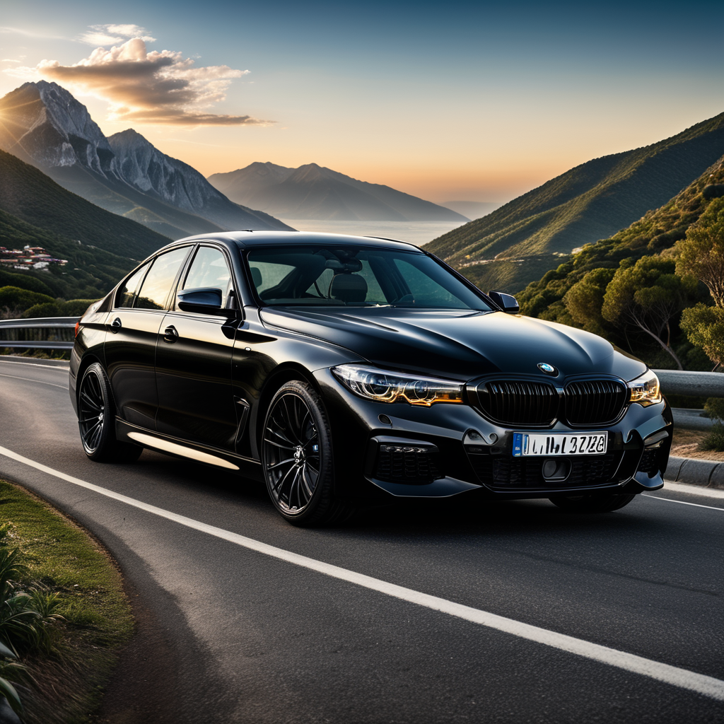 A beautiful black BMW Sedan standing on the mountain road,highly detailed evening time, Car Bonnet Stripes Graphics Hood, blue sea in the background of car, highly detailed car,highly detailed headlights and white DRL's, highly detailed matt finish colour, highly detailed Alloy Wheels, ultra realistic, photorealistic, 32k.