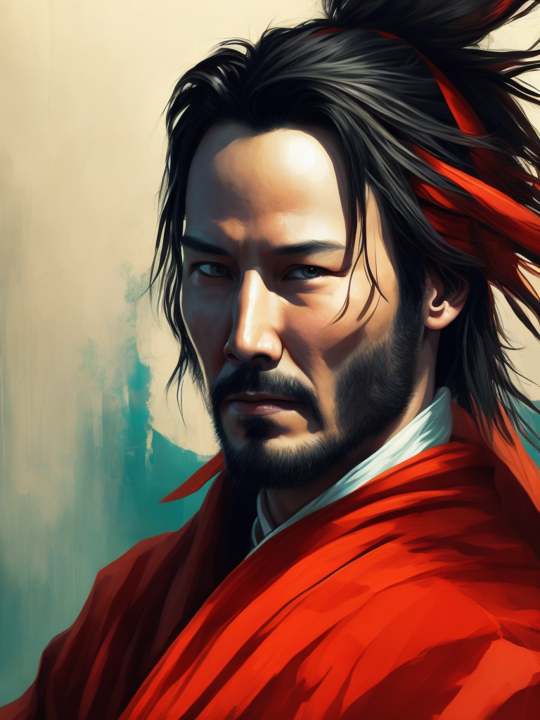 Portrait of Keanu Reeves as a samurai in a red kimono, serious look, detailed background in an oriental style, bright saturated colors