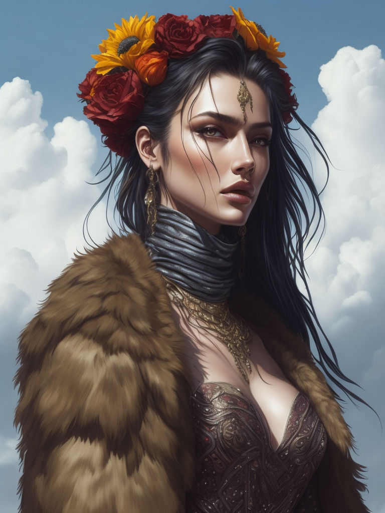 draw the girl is a model, standing tall, dressed in a fur coat, a colorful fur coat, flowers are depicted on the fur coat, a scarf on her head, an elegant pose, blue sky, summer, smears of oil paint, muted color, grain, Joe Madureira's Masterpiece inspired by Magali Villeneuve, Ann Stokes, Luis Royo and WLOP, 8k Ultra HD. --s 250