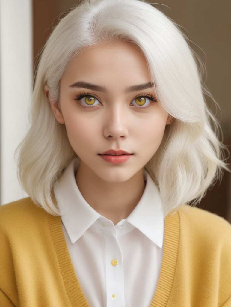 Girl, catlike white hair, catmouth, sharp eyes, white shirt with yellow sweater