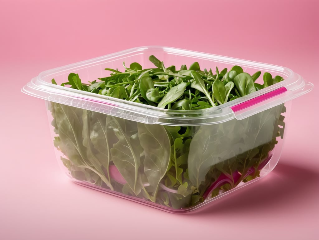 blank Transparent Plastic Container with Arugula Salad, isolated, pink background, Mockup, mock up