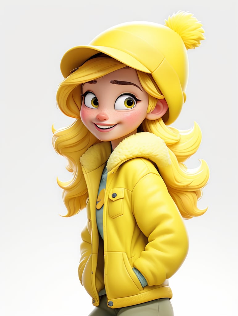 a happy young women with yellow hair and yellow hat wearing a yellow fluffy jacket, isolated, white background