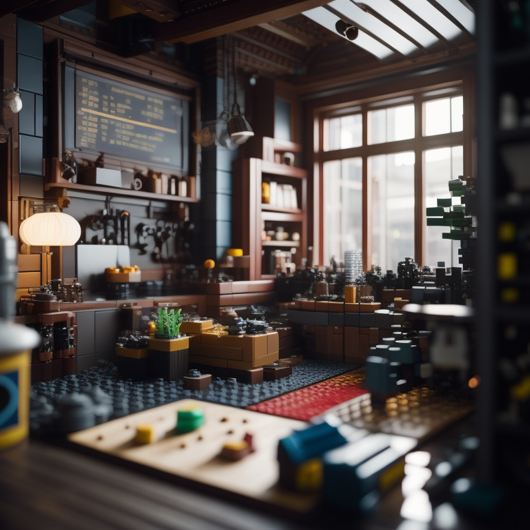 interior made with loth of small detail of a lego, professional photo, realistic, deep focus