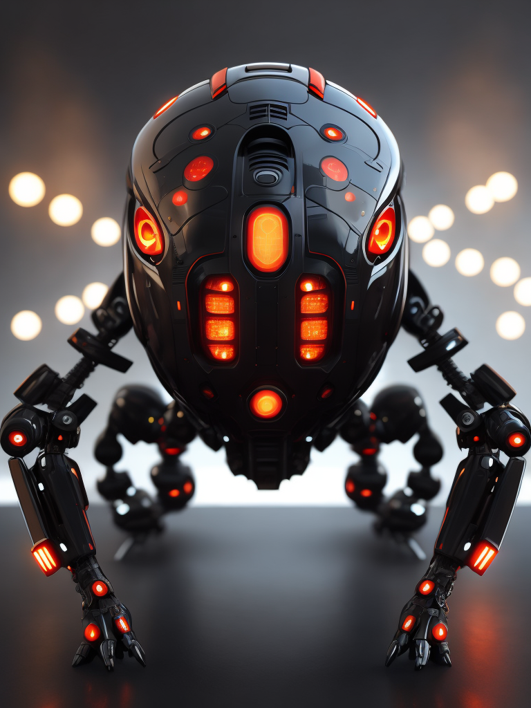 3d cybernetic ladybug robot, shiny materials, carbon fiber, internal red led lights
