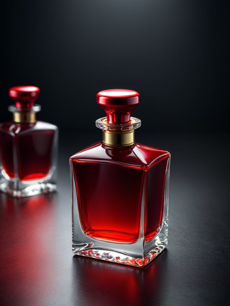 Mockup shot of a plain perfume red bottle in a studio backdrop background, professionally color graded, award-winning image
