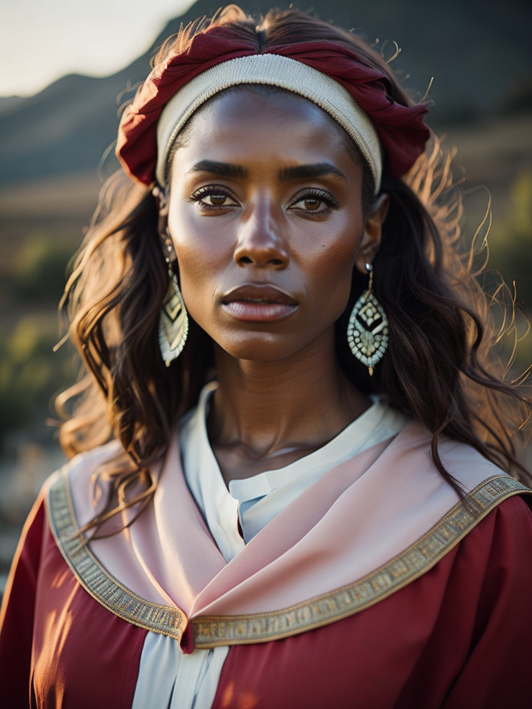 African woman and white tees brown Rembrandt Light. portrait style. Mountains in the background. Red medieval dress from the time of the Eghipt Empire. Perfectly, beautifull. Brown Hair color with white. Happyness. 50mm lens. half body style photography.