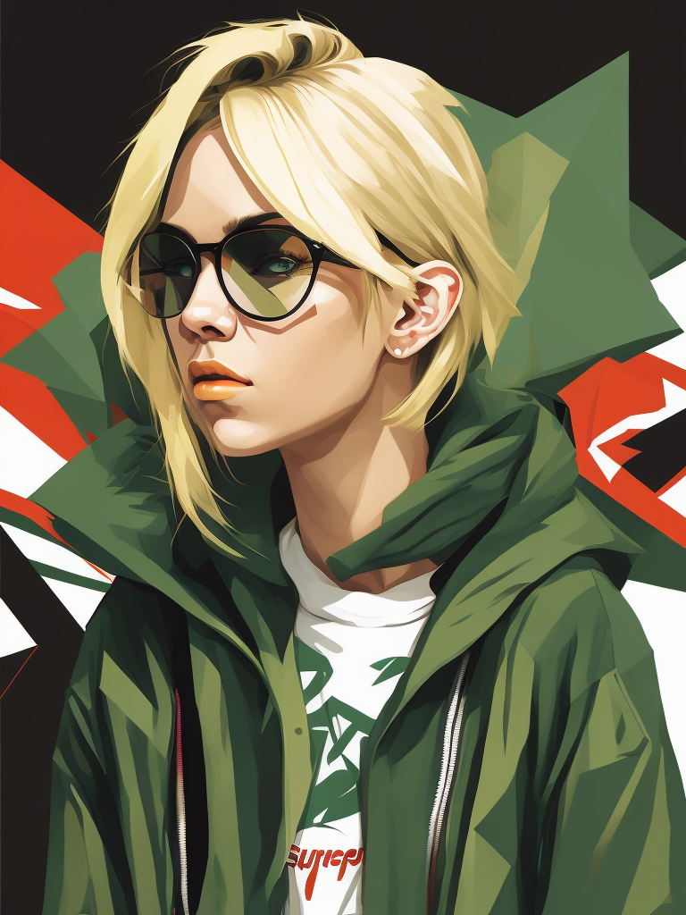 Abstract 1998 european blond hiphop girl by sachin teng x supreme, attractive, stylish, designer, green, asymmetrical, geometric shapes, graffiti, street art