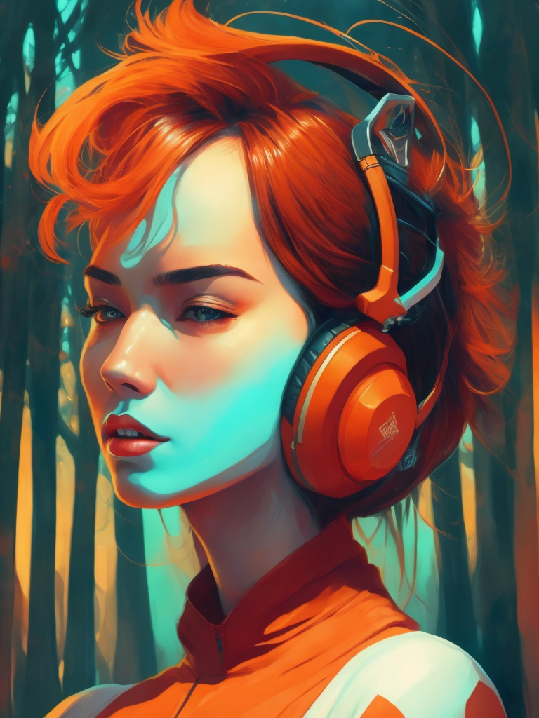 Beautiful girl listening to relaxing music with her headphones that takes her to a surreal forest, art by ilya kuvshinov and wlop, intricate, sharp focus, trending on artstation