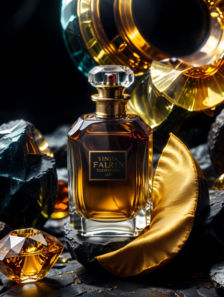 professional photography of a luxury perfume, surrounding an amber gems, yellow satin scarf background, no label, clear, mockup